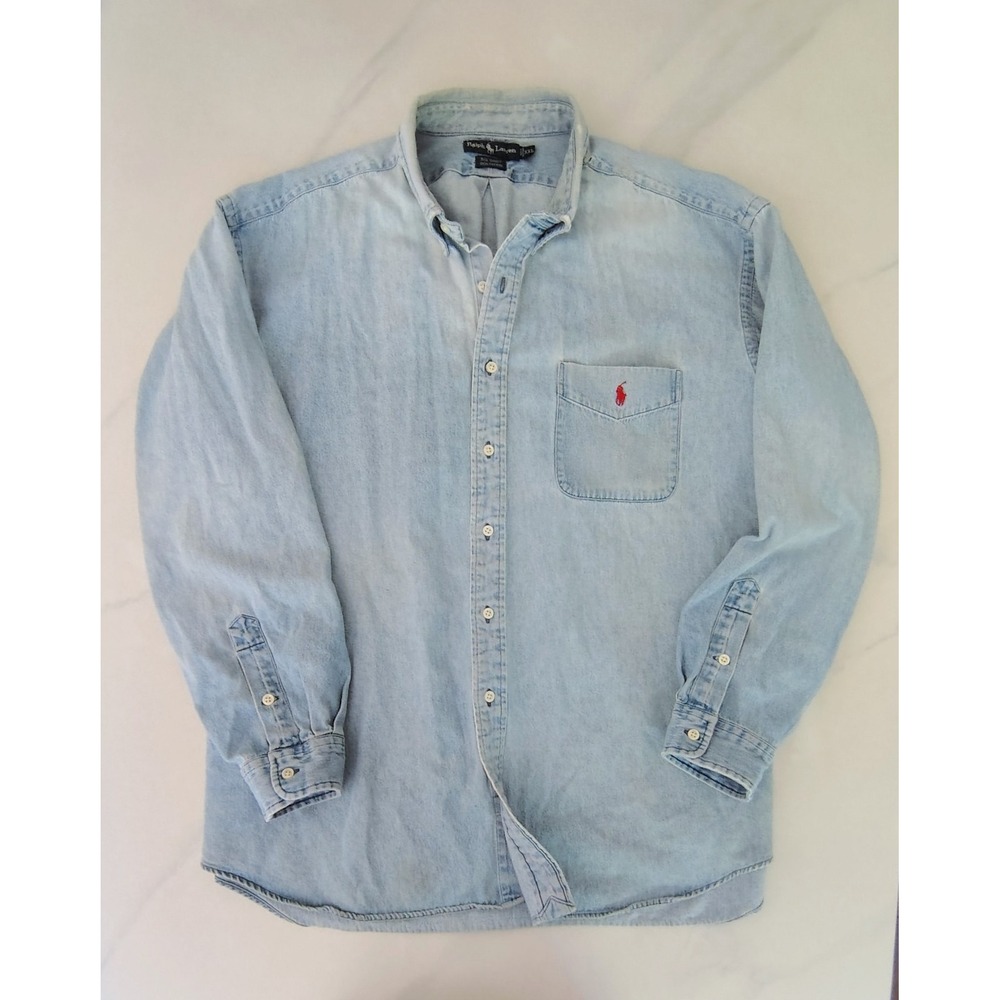 VTG Polo Ralph Lauren Denim Shirt Mens XL Blue Pony Distressed THE BIG SHIRT